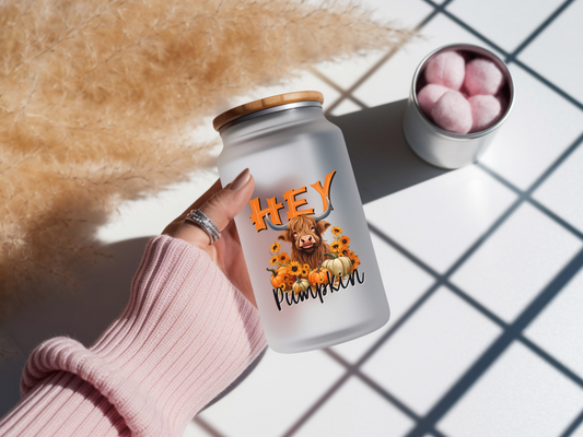 'Hey Pumpkin' Highland Cow Frosted Tumbler Can With Metal Straw
