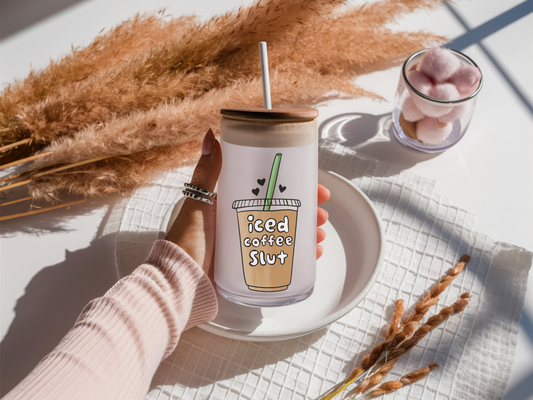 'Iced Coffee S***' Sweary Frosted Tumbler Can With Metal Straw